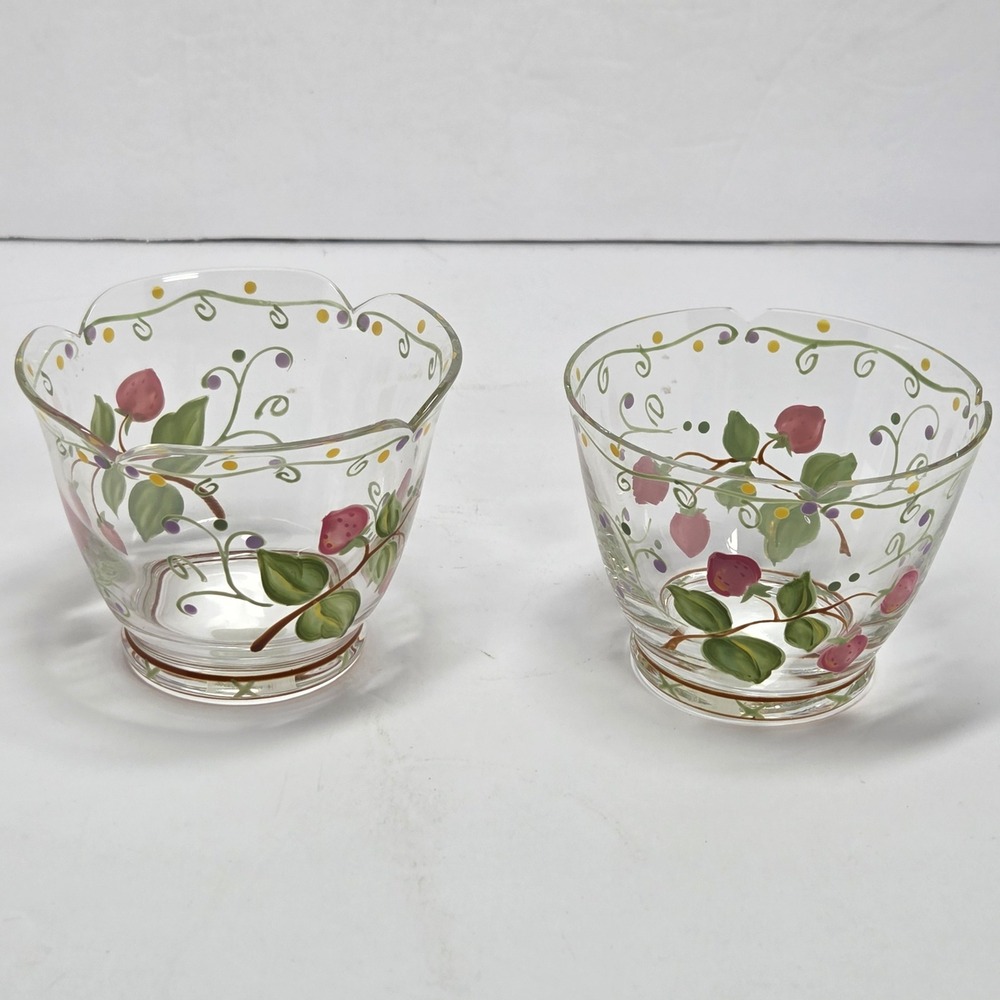 PartyLite Summer Strawberries Glass Votive Candle Holders Set of 2 Vintage 90s - Picture 6 of 7